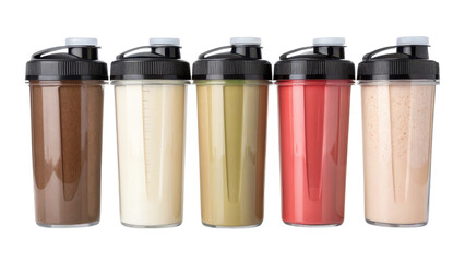 High-protein concept. Five protein shakes in clear containers against a black background.