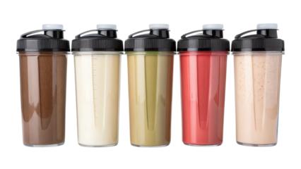 High-protein concept. Five protein shakes in clear containers against a black background.