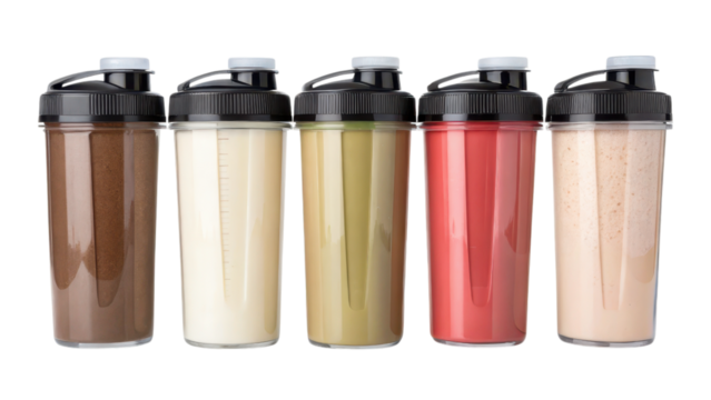 High-protein concept. Five protein shakes in clear containers against a black background.