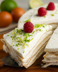 Mille Crepe Cake is a famous french recipe consisting on a cake made with layers crepes and cream.