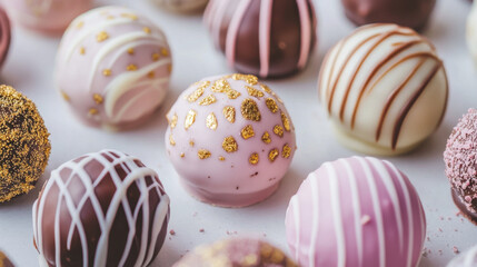 Obraz premium A collection of pastel-colored chocolate truffles, each delicately decorated with edible gold leaf and intricate icing patterns, displayed on a single-tone matte plate