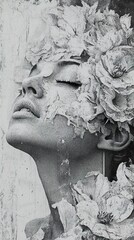 Monochrome Woman and Flowers: A Serene Portrait
