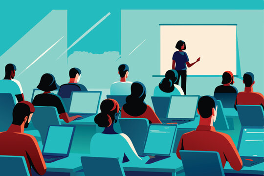 Flat illustration depicting a lively coding bootcamp session students collaborating, laptops open, instructor guiding.  Show diverse participants engaged in coding projects.