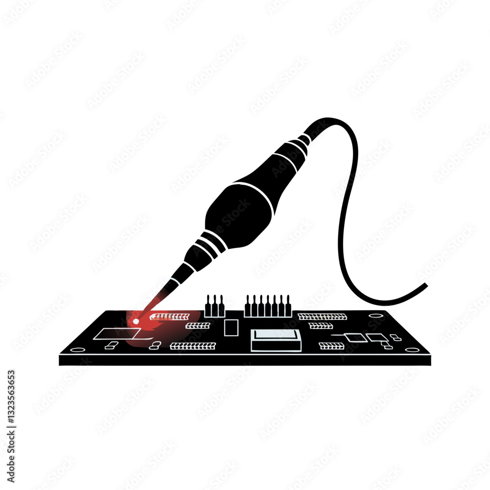 Poster vector illustration of soldering iron on circuit board for electronics and engineering use