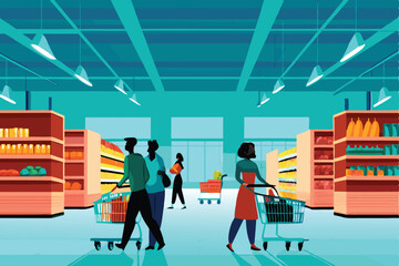 Create a vibrant flat style vector illustration of a crowded supermarket interior, showcasing diverse shoppers, abundant produce, and various grocery aisles.