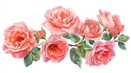 Fototapeta premium Watercolor Pink Roses and Green Leaves Arrangement on White Background
