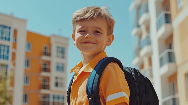 Smiling schoolboy wearing a backpack standing outdoors in front of modern residential buildings on a sunny day