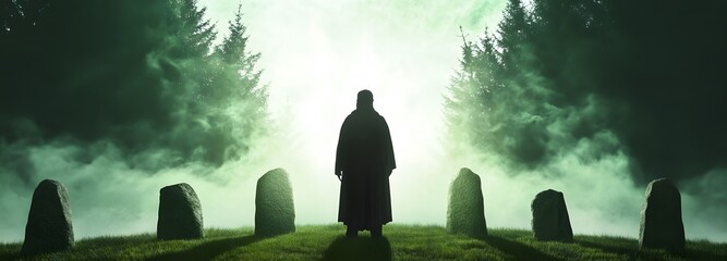 Mysterious Figure in Mystical Circle: A shrouded figure stands amidst an ancient stone circle in a misty forest clearing, illuminated by a celestial light, a scene that evokes mystery and intrigue.