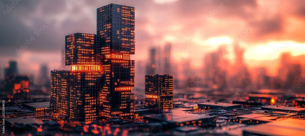 Poster glowing data skyscraper on circuit board cityscape tech advancements of the digital age