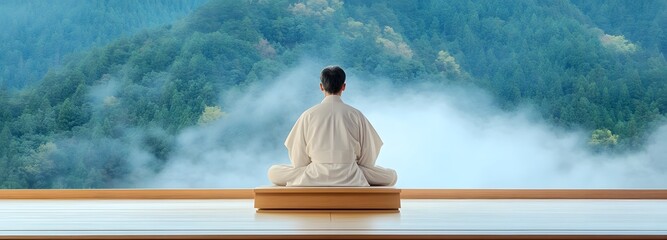 Serene Meditation: A person finding solace amidst nature, the individual meditates peacefully atop a wooden platform, gazing towards the distant hills and clouds