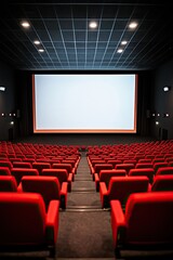 Fototapeta premium Empty movie theater with red seats and large blank screen in dark cinema hall with soft lighting