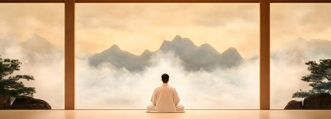 Zen Contemplation in the Mountains: A serene figure, immersed in deep meditation, gazes out at a breathtaking mountainous vista, enveloped in ethereal mist and bathed in warm, golden light.