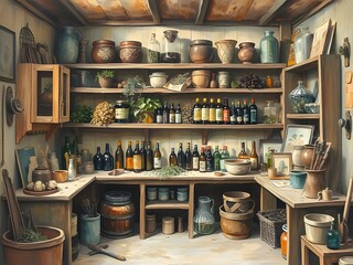 Fototapeta premium Vintage Pantry Storage Shelves with Jars, Bottles, and Dried Herbs, Rustic Interior, Food Preservation.