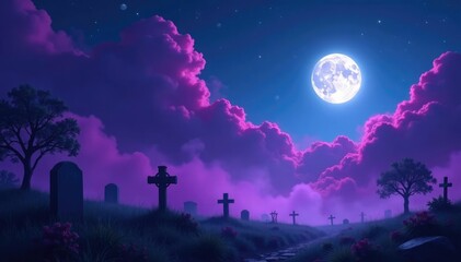Swirling purple clouds of fog rise above a moonlit graveyard, moonlight, supernatural scene, mist