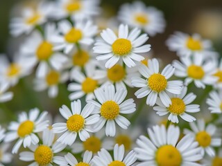 Obraz premium Close-up of White and Yellow Chamomile Flowers in Bloom, Nature's Beauty, Botanical Photography.