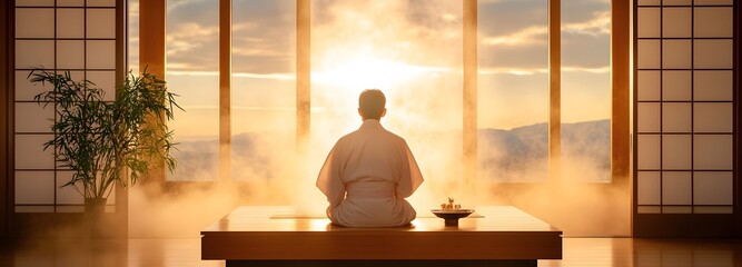 Zen Moment in Japanese Sanctuary: A serene figure meditates in a traditional Japanese room bathed in the golden light of the morning sun, evoking peace and tranquility. 