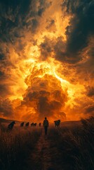 Fototapeta premium Fierce wolves glowing in sunset flames high resolution photo