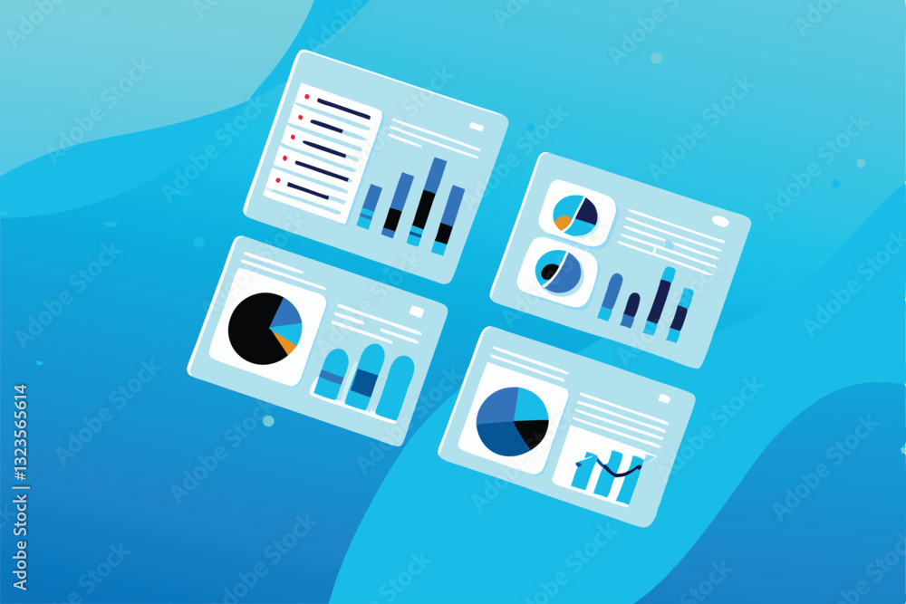 Poster generate an image of semi-transparent, floating pie charts and bar graphs, showcasing data visualiza