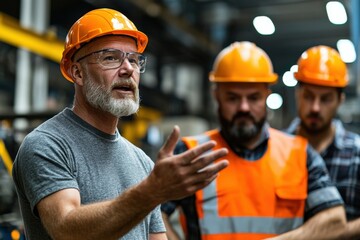 A supervisor explaining workplace safety measures to a team of workers in a factory setting