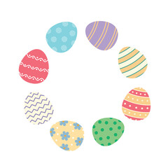 Round frame of painted easter eggs. Vector template. Simple flat illustration