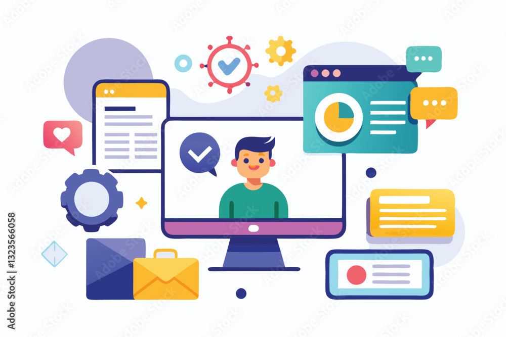 Poster colorful vector illustration depicting digital communication tools and technology elements in a work
