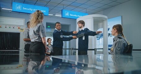 Airport Staff Training: African American Security Officer Giving Instructions to Group of Workers,...