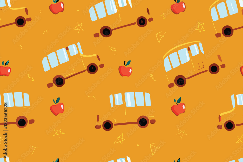 Poster create a whimsical, hand-drawn pattern featuring cheerful school buses and red apples in a fun doodl