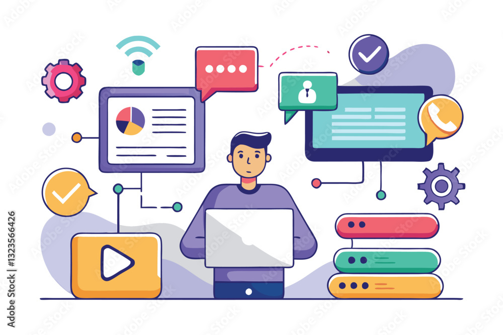 Poster colorful vector illustration depicting digital communication tools and technology elements in a work