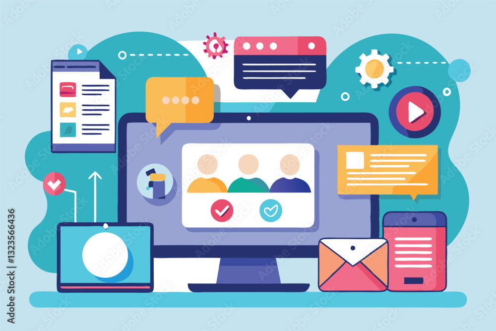 Poster colorful vector illustration depicting digital communication tools and technology elements in a work