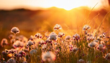 Obraz premium wild flowers in a meadow at sunset macro image shallow depth of field abstract summer nature background
