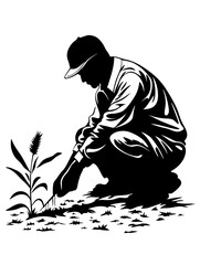 Fototapeta premium Gardener Silhouette Weeding Plant Vector Art for Agricultural Use