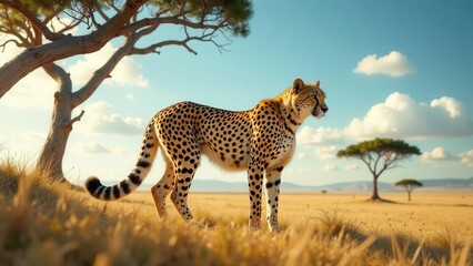 Obraz premium A graceful cheetah stands alert in a sun-drenched savanna, framed by acacia trees under a vibrant sky
