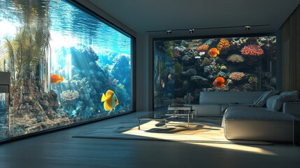 A large, frameless aquarium with colorful tropical fish swimming peacefully, creating a calming and opulent living atmosphere.