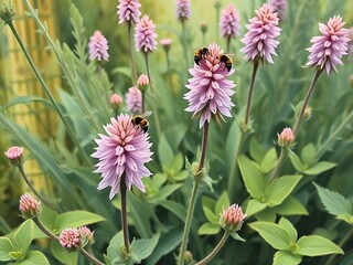 Close-up of pink flowers with bees pollinating, lush green foliage in a garden, nature photography.