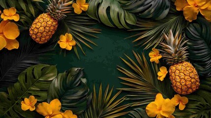 Vibrant Tropical Leaves and Exotic Flowers Creating a Lush Paradise Scene
