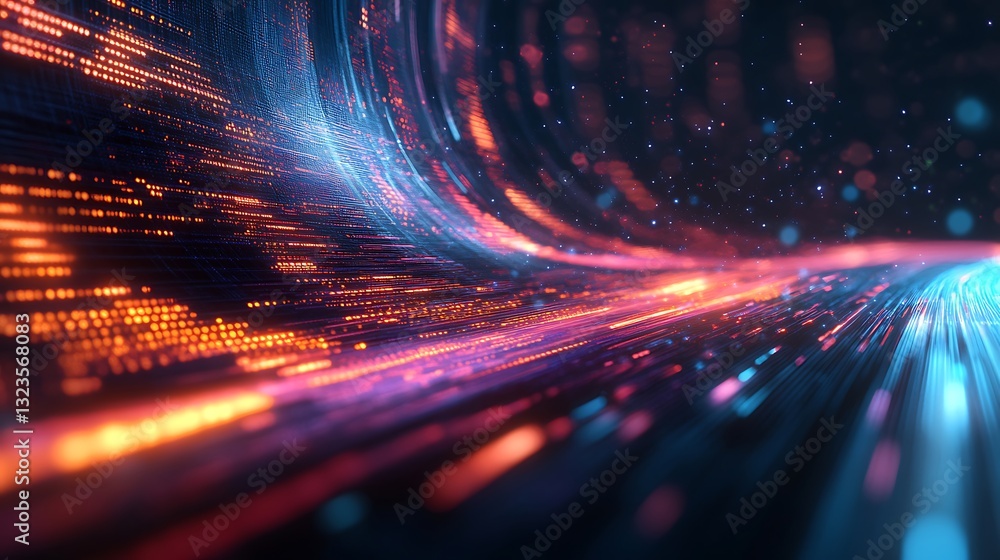 Poster abstract data stream: a high-speed information highway with glowing light trails and futuristic tech