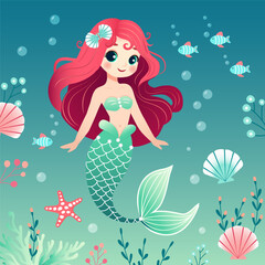 Cute red-haired mermaid swims underwater in the ocean. Marine vector illustration