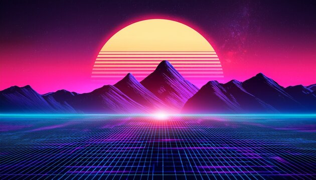 80s synthwave styled landscape with mountains and sunset