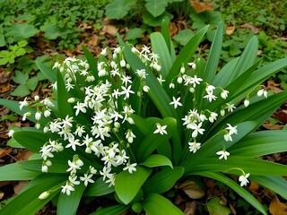 Obraz premium Beautiful White Star-Shaped Flowers with Lush Green Leaves in a Garden Setting.