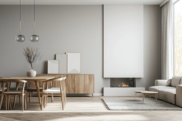 Modern living room interior with wooden floor and cabinet, dining table and sofa near a fireplace in a minimalist home design