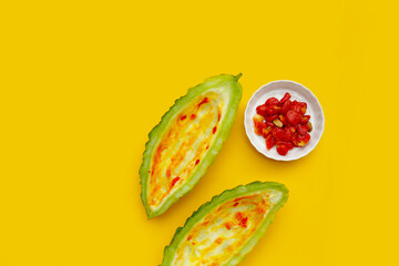 Bitter melon on yellow background.