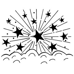 Celestial Burst Stars Above Cloudy Sky Vector Illustration for Tattoos and Graphic Design