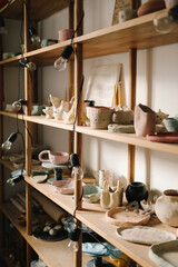 Creating ceramics ware with own hands. Shelf with handmade clay cups and plates in the pottery studio.