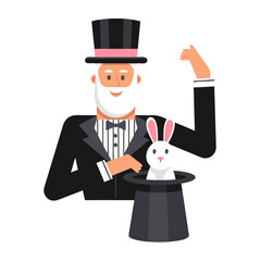 Magician Performing Classic Magic Trick with Rabbit and Top Hat Vector Illustration
