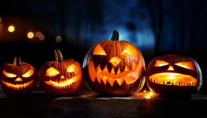 evil faces on carved pumpkins illuminated in the dark halloween night