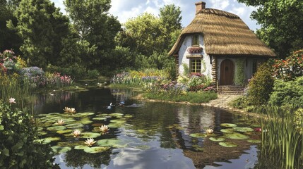 Obraz premium Charming Cottage by the Serene Pond: A Picturesque Summer Landscape