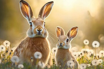 Obraz premium A serene image of a mother hare and her juvenile in a dandelion field, perfect for Mother's Day promotions or nature-themed designs.