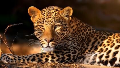 Fototapeta premium leopard lies in the sun muzzle close up