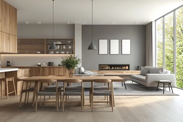 Fototapeta premium Modern living room interior with wooden floor and cabinet, dining table and sofa near a fireplace in a minimalist home design