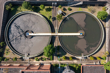 Aerial View of Wastewater Treatment Facility with Circular Tanks